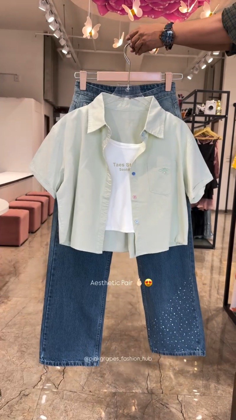 Chic Butterfly & Rhinestone Embellished Denim Co-ord Set โ Available in White, Mint, Sky Blue & Lilac - Image 2