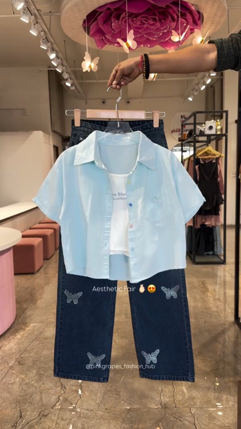 Chic Butterfly & Rhinestone Embellished Denim Co-ord Set โ Available in White, Mint, Sky Blue & Lilac - Image 3