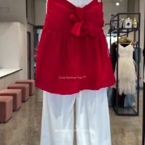 Chic Bow-Front Peplum Top & Palazzo Set – Available in Red, Yellow, Magenta & Olive Green