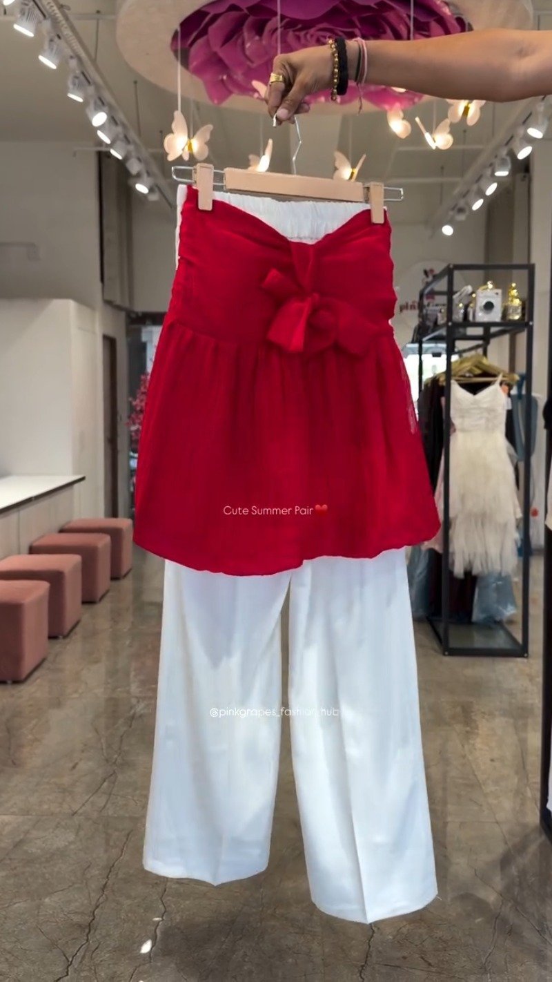 Chic Bow-Front Peplum Top & Palazzo Set โ Available in Red, Yellow, Magenta & Olive Green