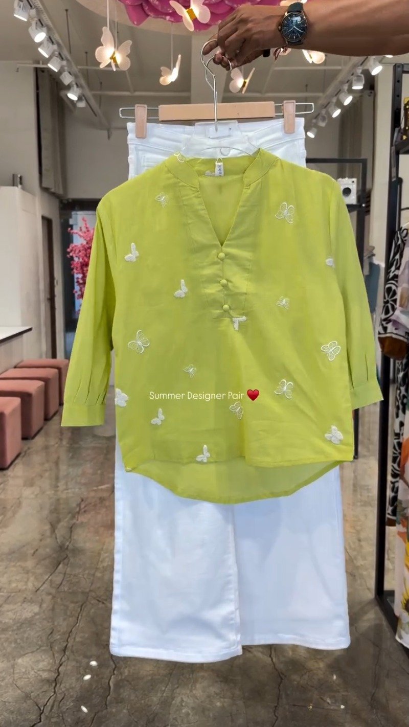 Butterfly Embroidered Cotton Kurta Set โ Available in Lime, Hot Pink, Mocha Brown, Navy Blue & Orchid Purple