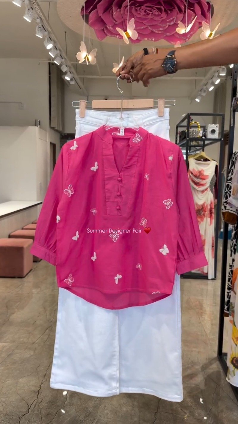 Butterfly Embroidered Cotton Kurta Set โ Available in Lime, Hot Pink, Mocha Brown, Navy Blue & Orchid Purple - Image 2