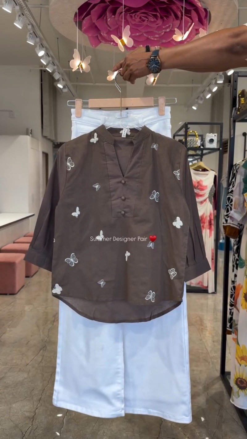 Butterfly Embroidered Cotton Kurta Set โ Available in Lime, Hot Pink, Mocha Brown, Navy Blue & Orchid Purple - Image 3