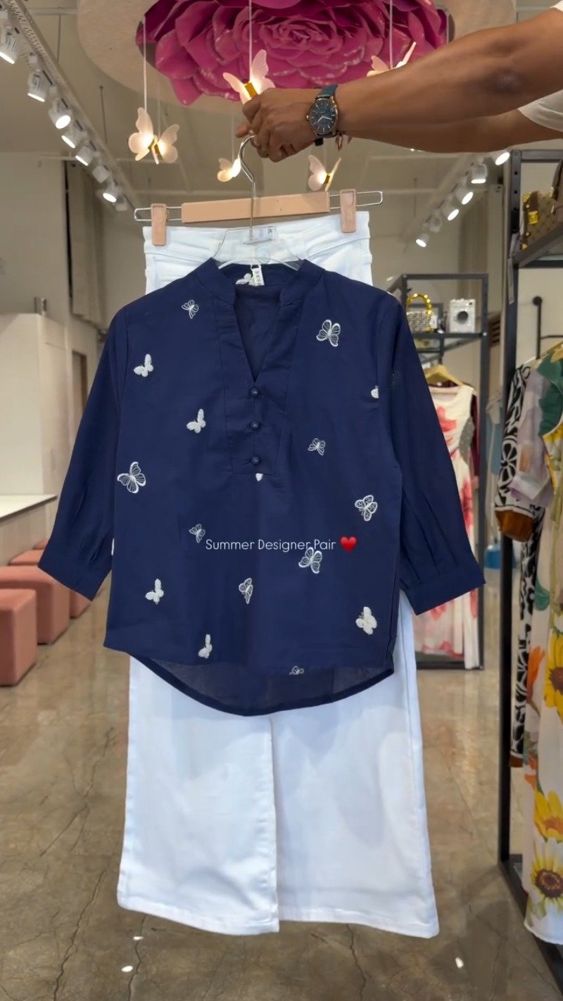 Butterfly Embroidered Cotton Kurta Set โ Available in Lime, Hot Pink, Mocha Brown, Navy Blue & Orchid Purple - Image 4