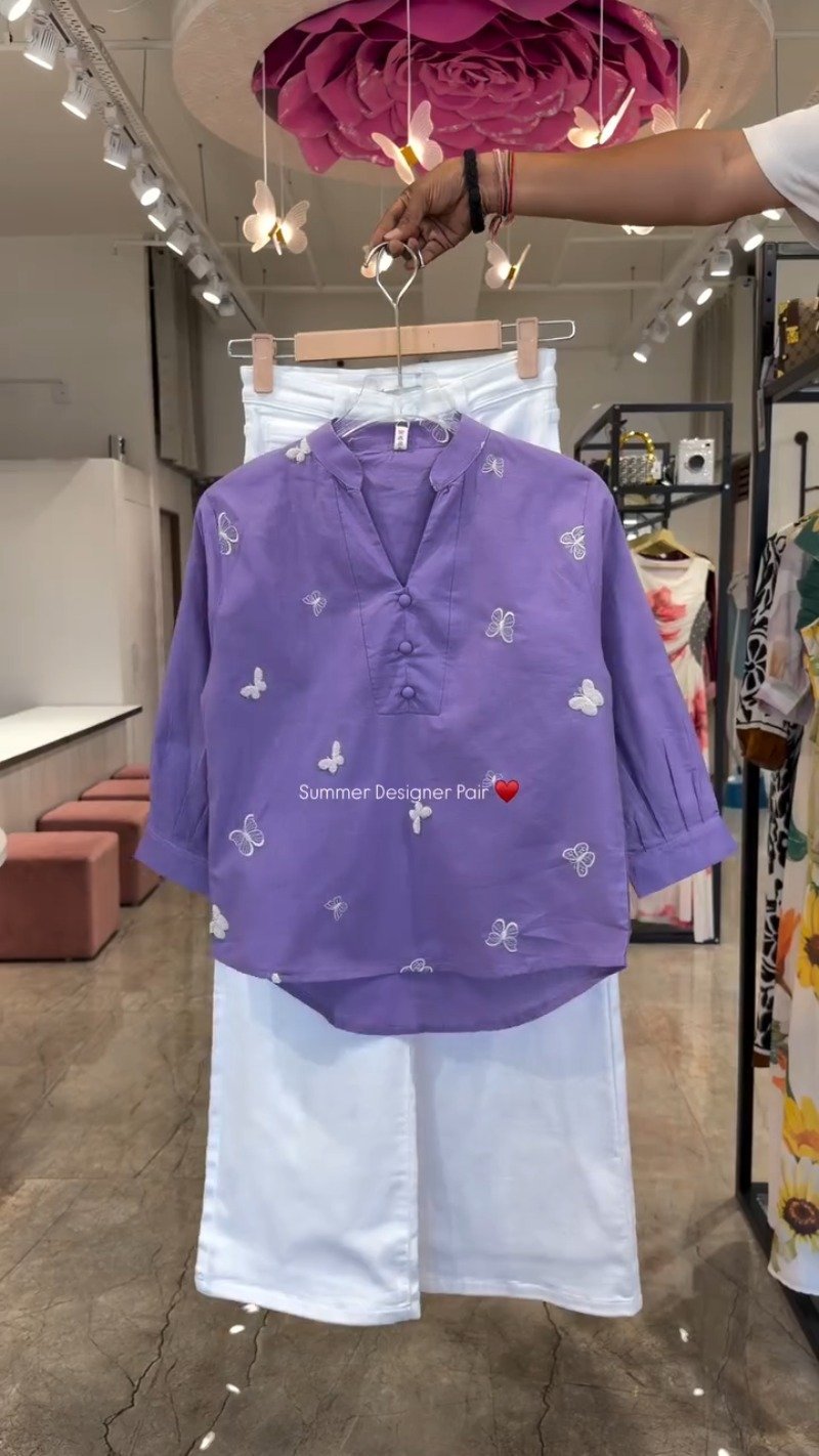 Butterfly Embroidered Cotton Kurta Set โ Available in Lime, Hot Pink, Mocha Brown, Navy Blue & Orchid Purple - Image 5
