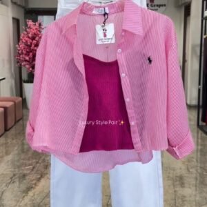 Chic Striped Co-ord Set with Tank Top and White Trousers – Available in Pink, Yellow, Blue & Tan