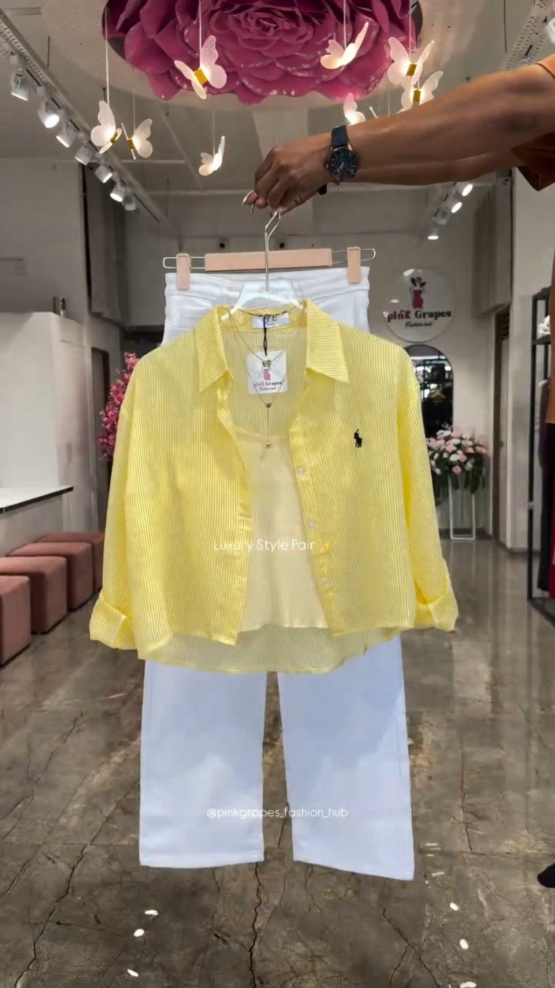 Chic Striped Co-ord Set with Tank Top and White Trousers โ Available in Pink, Yellow, Blue & Tan - Image 2