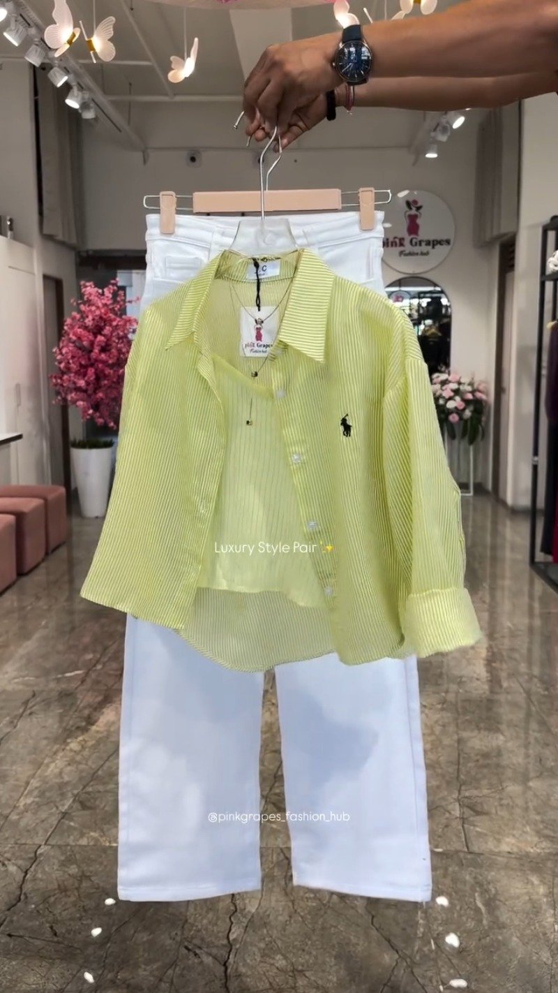 Chic Striped Co-ord Set with Tank Top and White Trousers โ Available in Pink, Yellow, Blue & Tan - Image 4