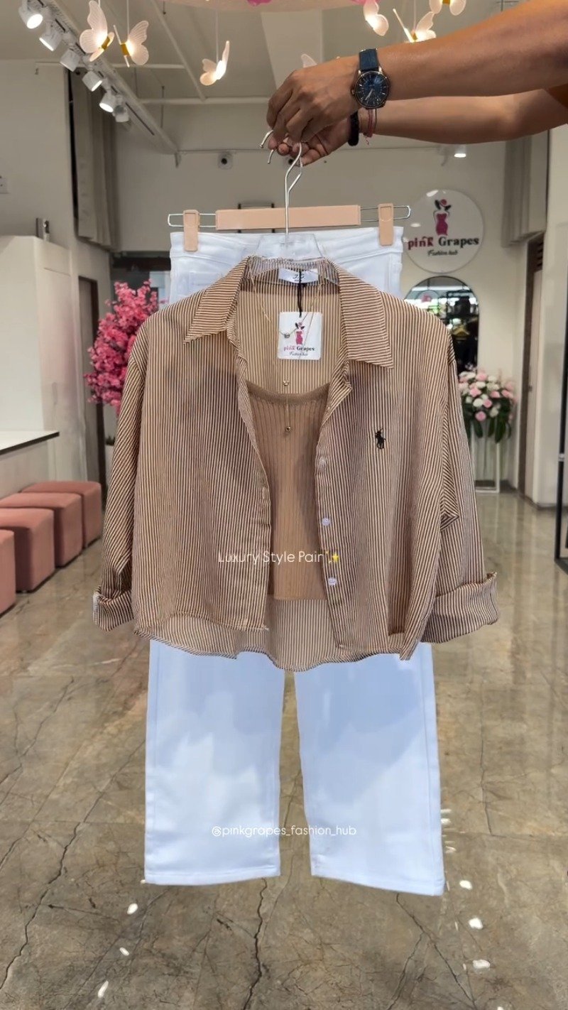 Chic Striped Co-ord Set with Tank Top and White Trousers โ Available in Pink, Yellow, Blue & Tan - Image 5
