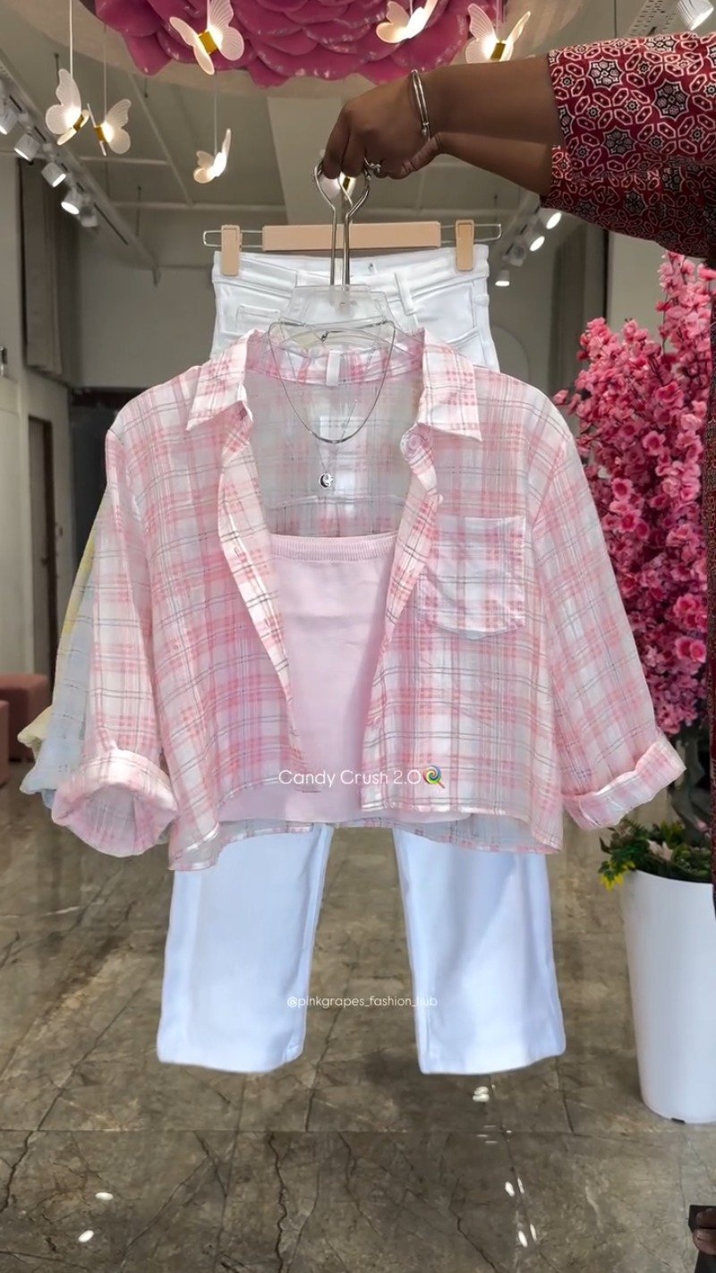 Pastel Plaid Layered Coord Set with White Trousers โ Available in Pink, Blue, Yellow & Mint
