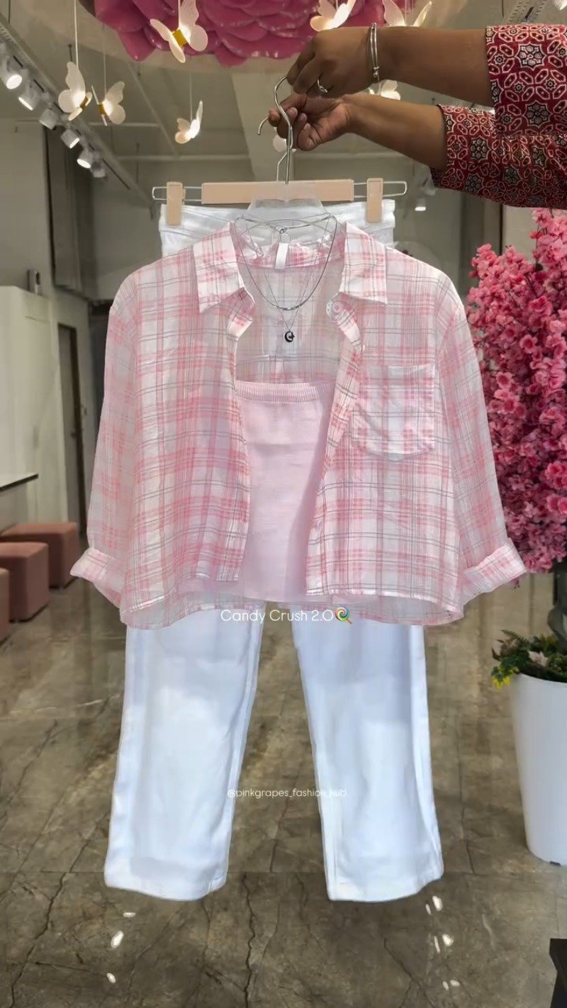 Pastel Plaid Layered Coord Set with White Trousers โ Available in Pink, Blue, Yellow & Mint - Image 2
