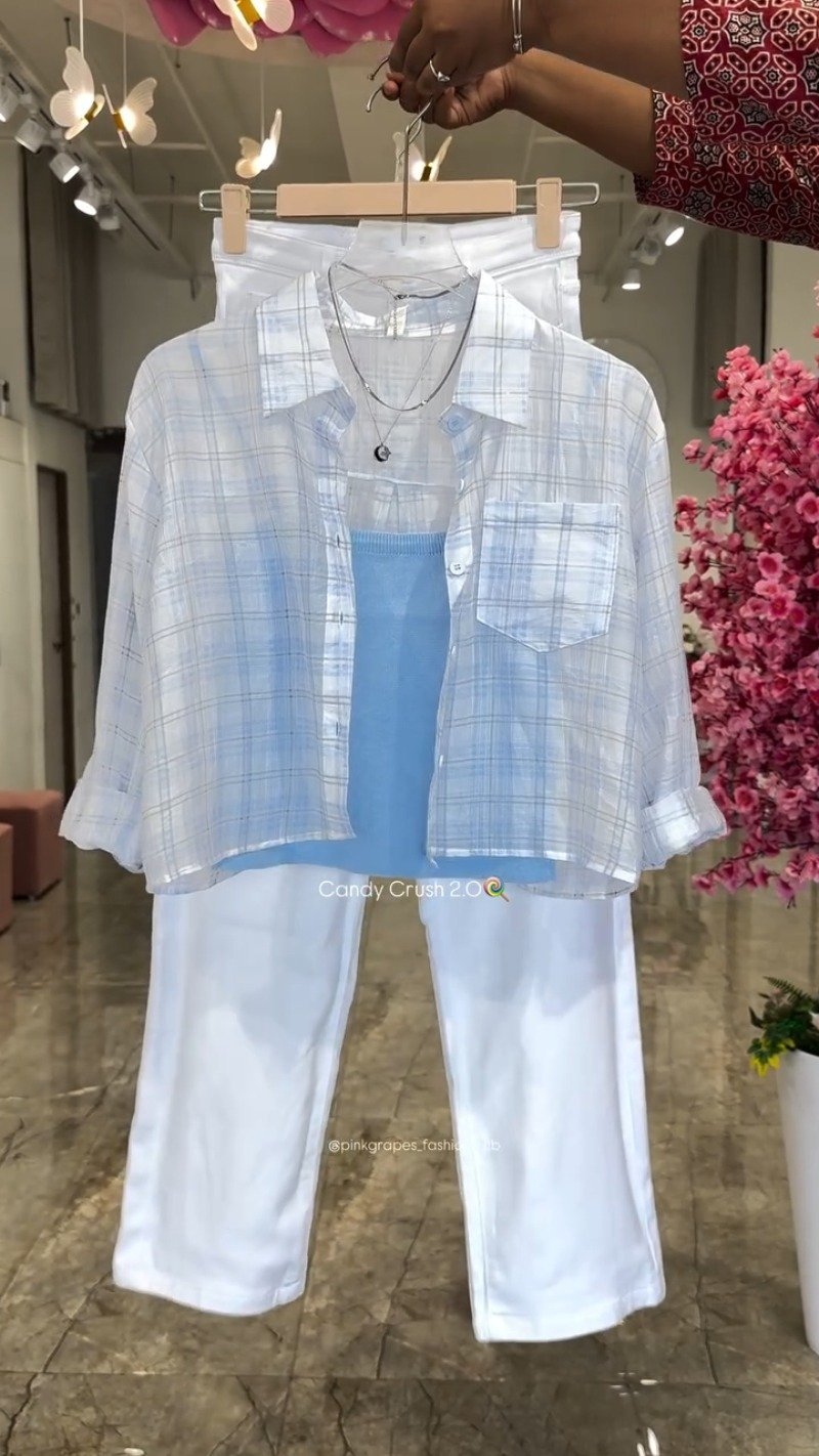 Pastel Plaid Layered Coord Set with White Trousers โ Available in Pink, Blue, Yellow & Mint - Image 3