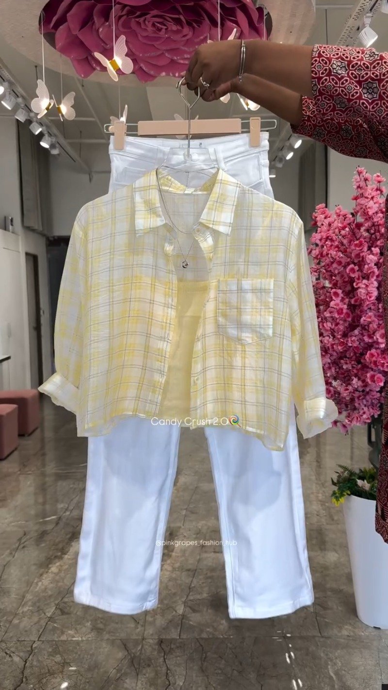 Pastel Plaid Layered Coord Set with White Trousers โ Available in Pink, Blue, Yellow & Mint - Image 4