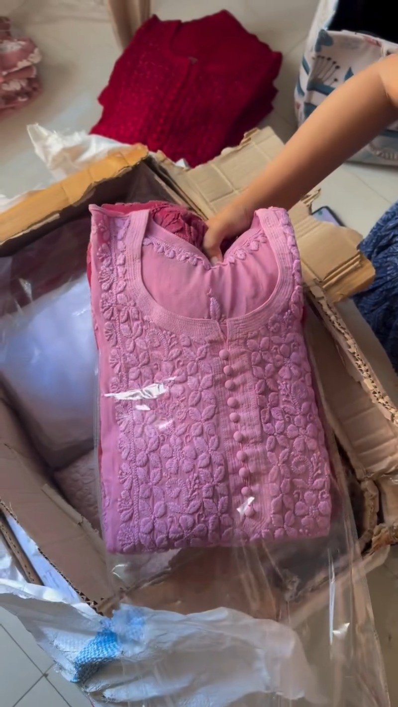 Exquisite Lucknowi Chikankari Embellished Kurta โ Available in Vibrant Red & Soft Dusty Pink - Image 2