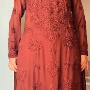 Rust Maroon Hand-Embroidered Chiffon Chikankari Kurta – Elegance in Monochrome