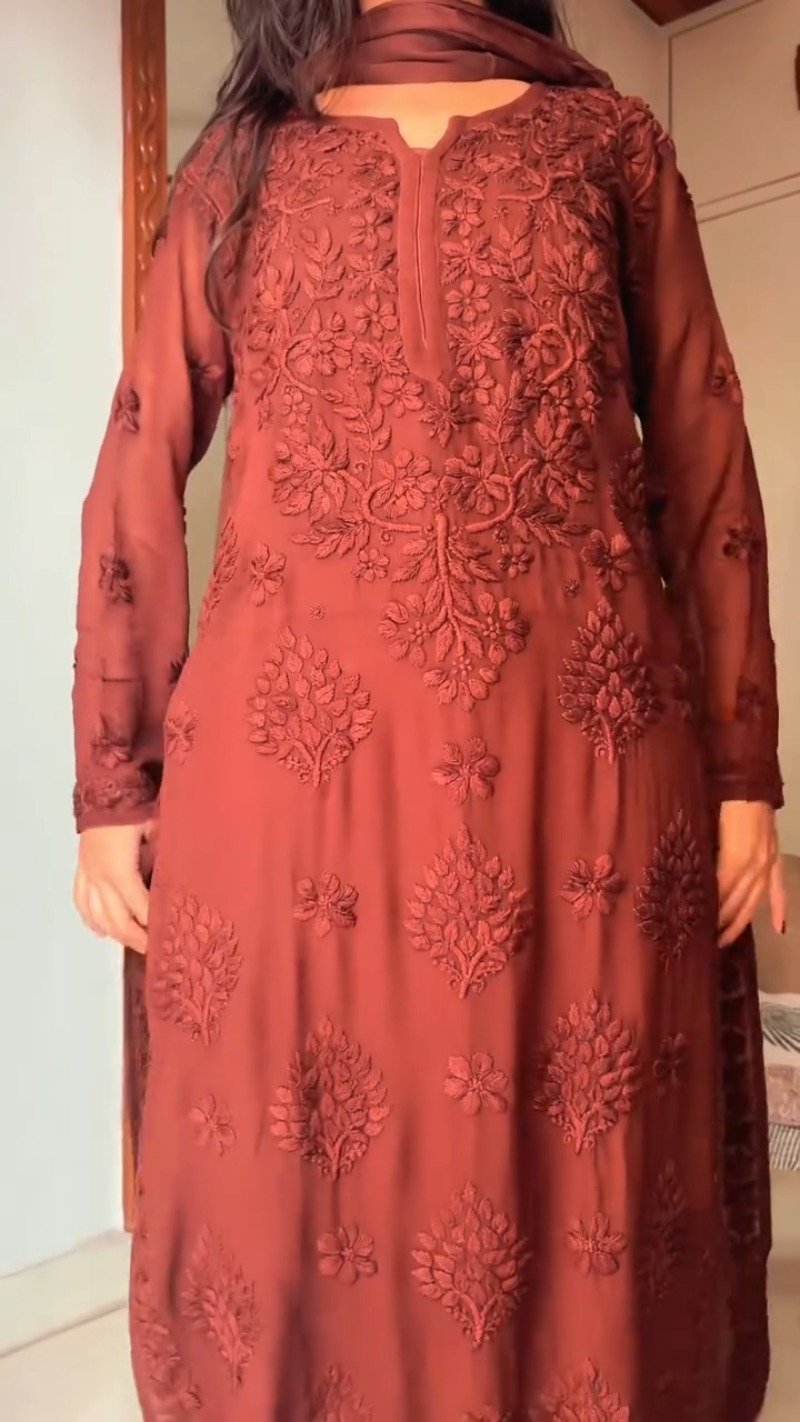 Rust Maroon Hand-Embroidered Chiffon Chikankari Kurta β Elegance in Monochrome