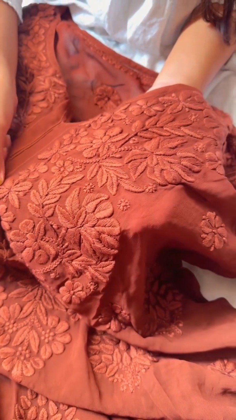 Rust Maroon Hand-Embroidered Chiffon Chikankari Kurta β Elegance in Monochrome - Image 2