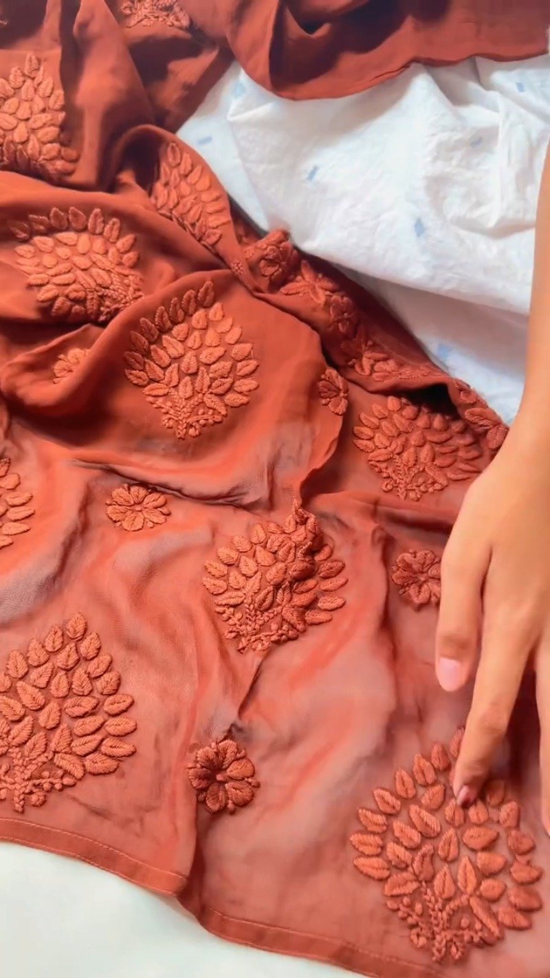 Rust Maroon Hand-Embroidered Chiffon Chikankari Kurta β Elegance in Monochrome - Image 3