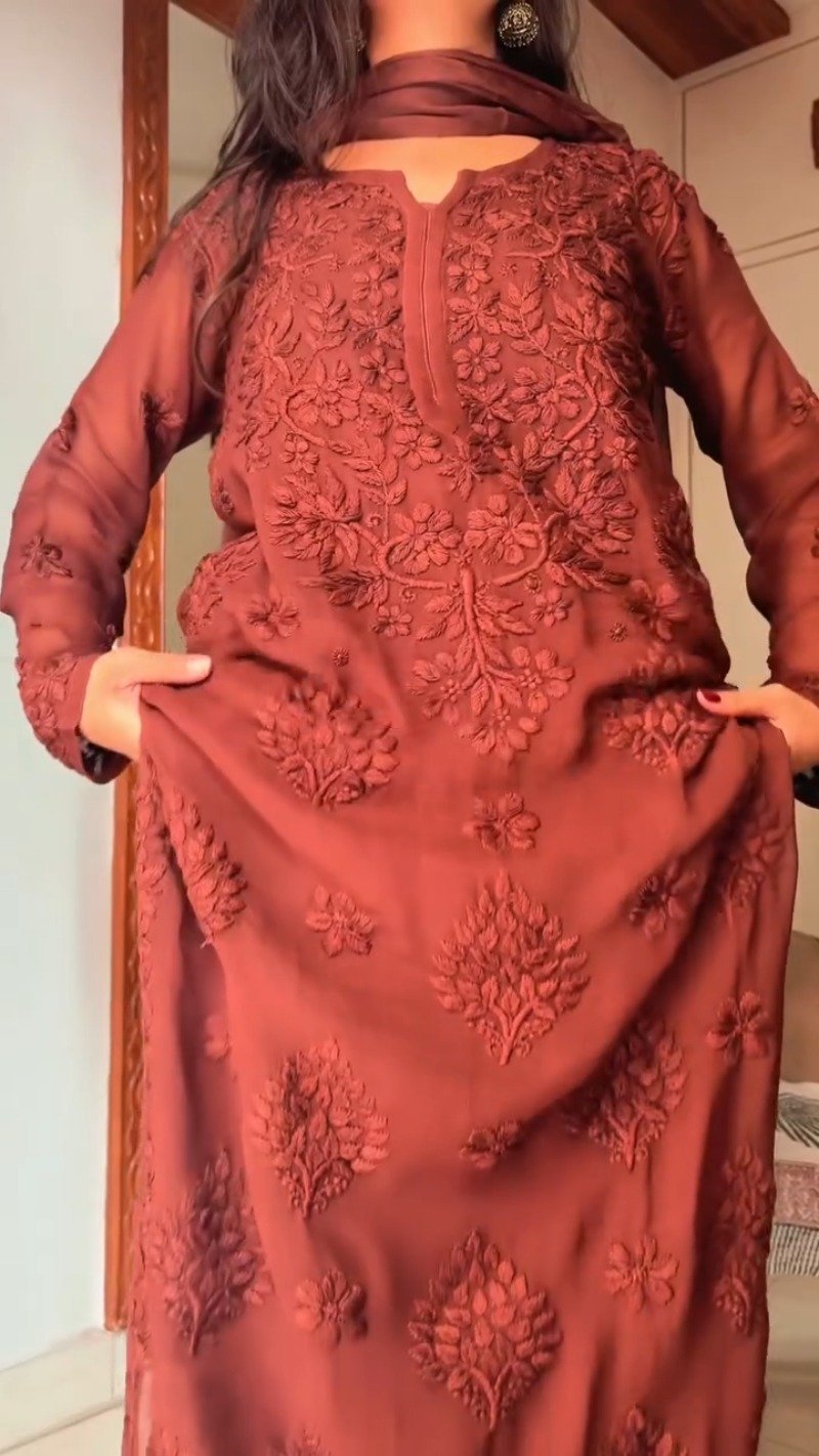 Rust Maroon Hand-Embroidered Chiffon Chikankari Kurta β Elegance in Monochrome - Image 5