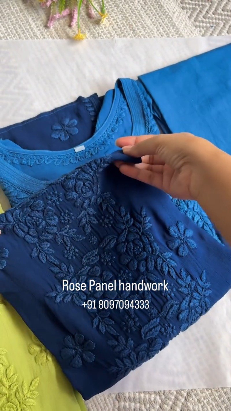 Rose Panel Hand-Embroidered Chikankari Kurta Set – Available in Midnight Blue, Crimson Red, and Lime Green
