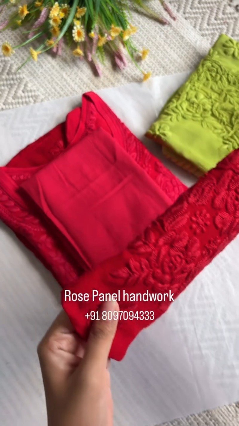 Rose Panel Hand-Embroidered Chikankari Kurta Set – Available in Midnight Blue, Crimson Red, and Lime Green - Image 2
