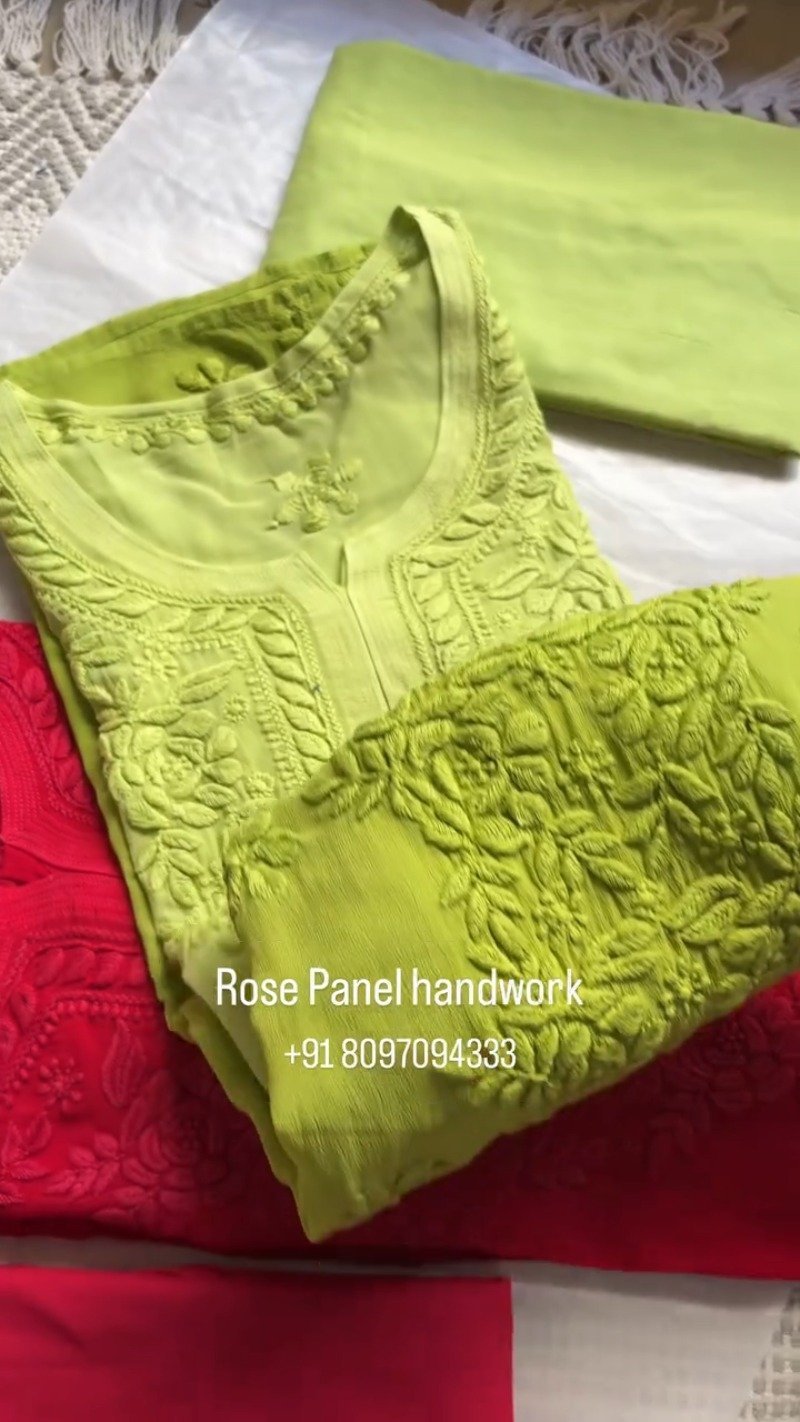 Rose Panel Hand-Embroidered Chikankari Kurta Set – Available in Midnight Blue, Crimson Red, and Lime Green - Image 3