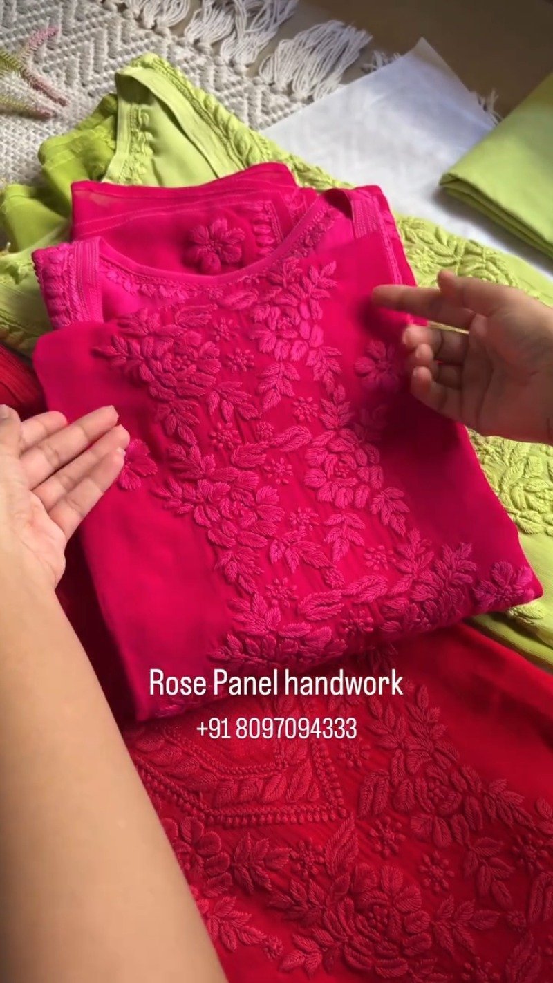 Rose Panel Hand-Embroidered Chikankari Kurta Set – Available in Midnight Blue, Crimson Red, and Lime Green - Image 4