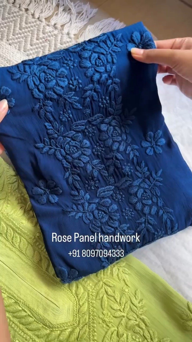 Rose Panel Hand-Embroidered Chikankari Kurta Set – Available in Midnight Blue, Crimson Red, and Lime Green - Image 5