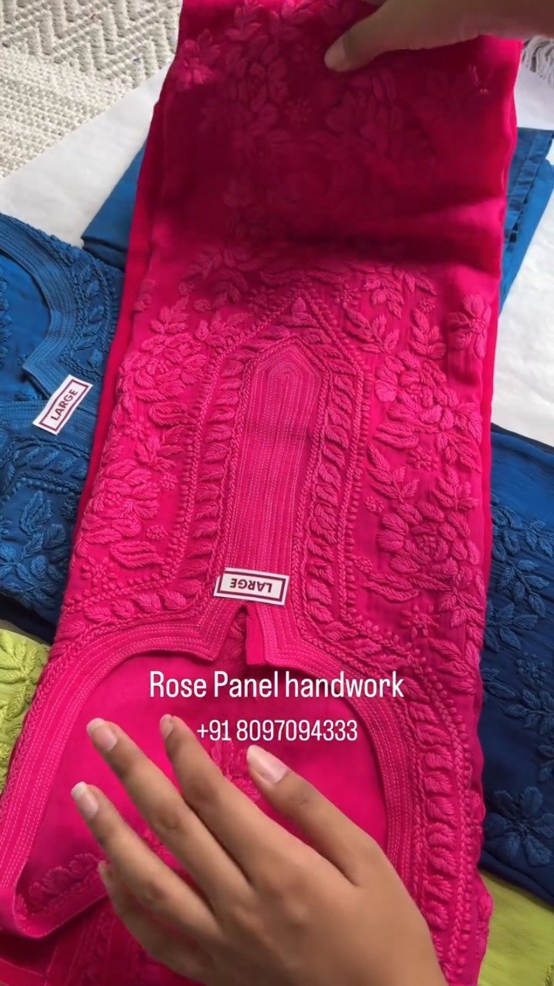 Rose Panel Hand-Embroidered Chikankari Kurta Set – Available in Midnight Blue, Crimson Red, and Lime Green - Image 6