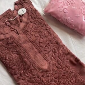 Exquisite Lucknowi Chikankari Hand-Embroidered Kurta – Available in Dusty Rose, Peach & Terracotta