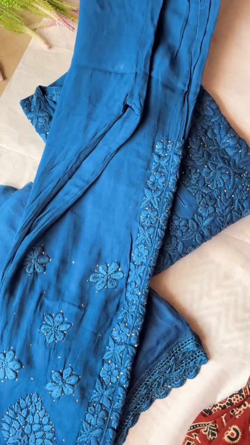 Midnight Sapphire Chikankari Georgette Kurta Set with Intricate Mirror Accents - Image 2