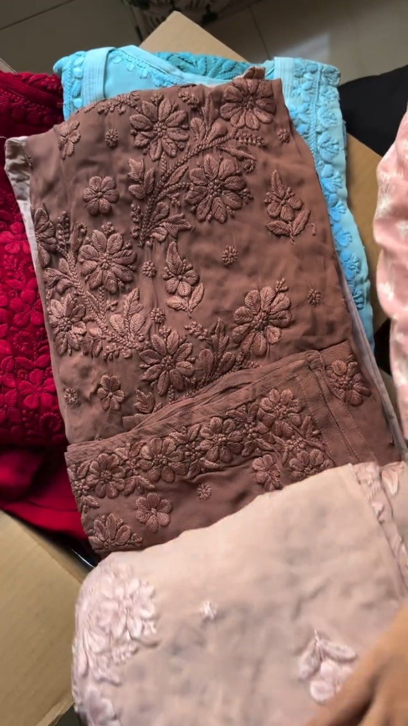 Exquisite Floral Threadwork Chikankari Kurta Set – Available in Dusty Rose, Mocha Brown & Sky Blue - Image 3