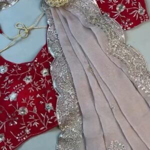 Enchanting Scalloped Organza Saree with Hand-Embroidered Velvet Blouse โ Available in Red & Beige