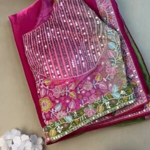 Magenta & Sage Green Floral Embroidered Saree Set โ Available in Magenta & Sage Green