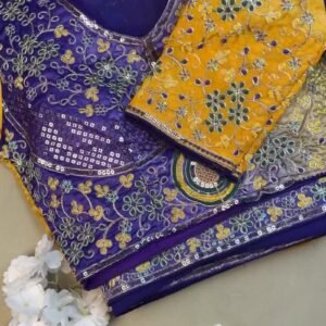 Regal Royal Blue & Saffron Yellow Sequined Silk Saree Ensemble – Available in Royal Blue & Saffron Yellow