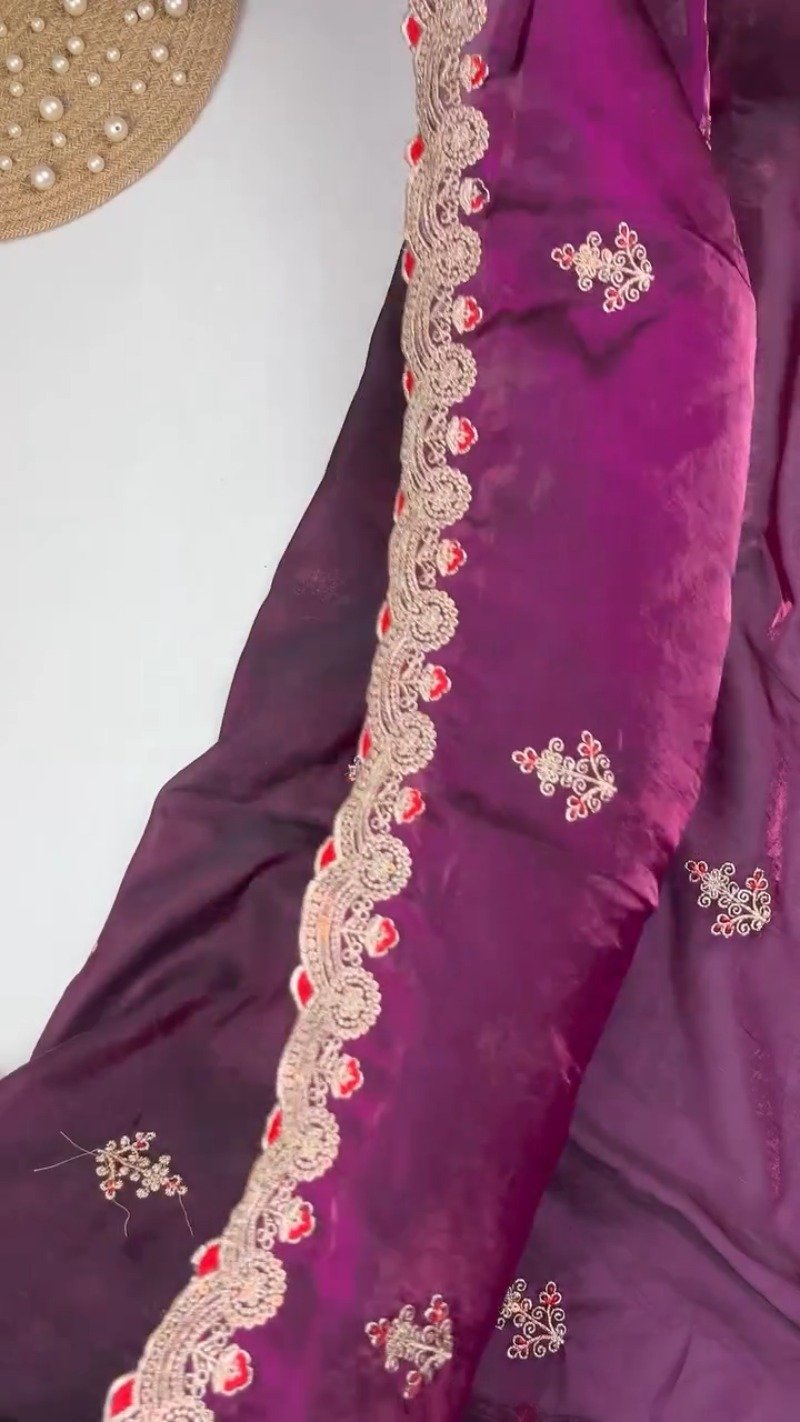 Royal Embroidered Velvet Blouse & Silk Saree Set β Available in Teal, Burgundy & Green - Image 5