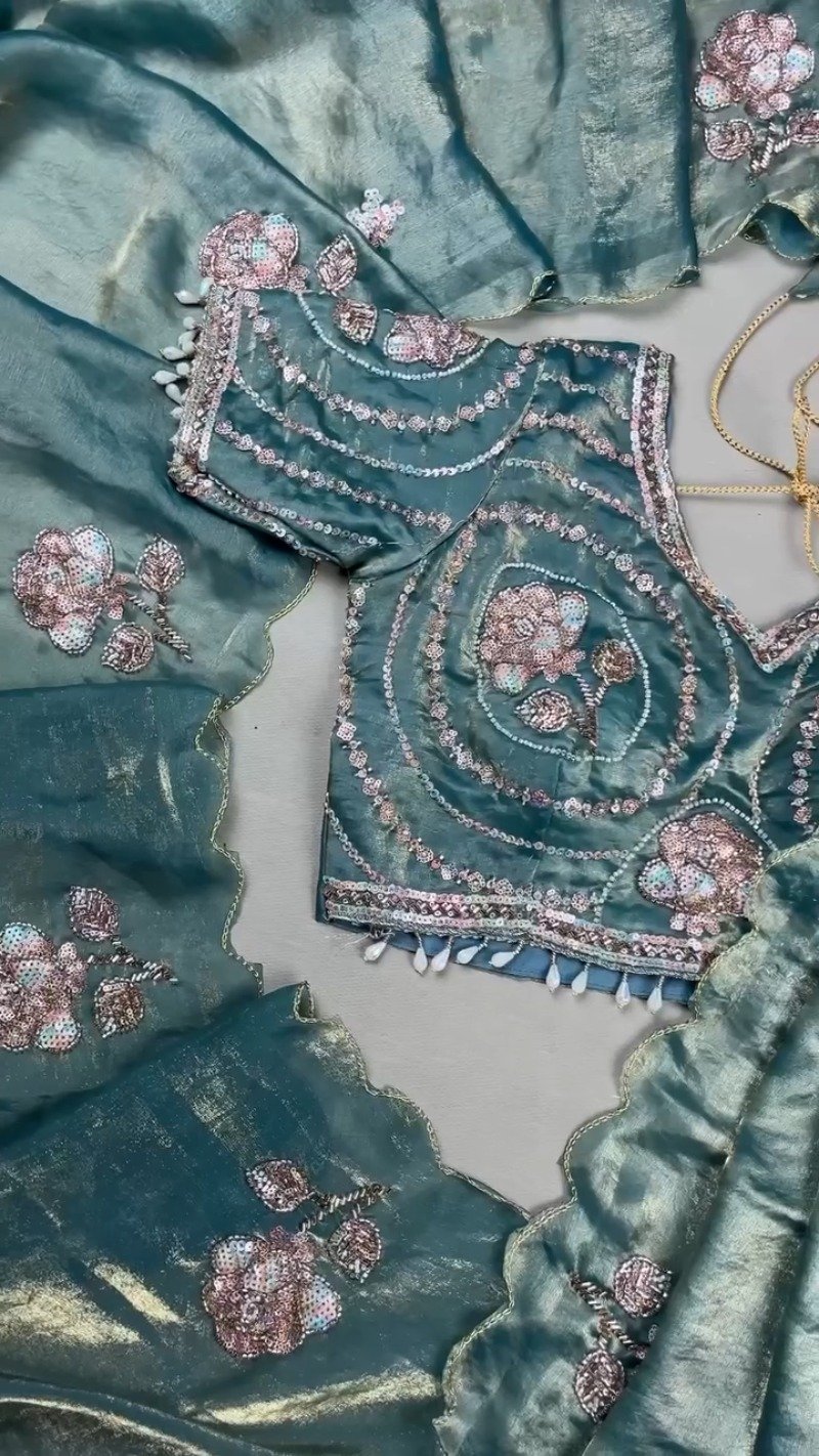 Enchanting Teal Sequined Organza Saree Set with Hand-Embroidered Rose Motifs - Image 2