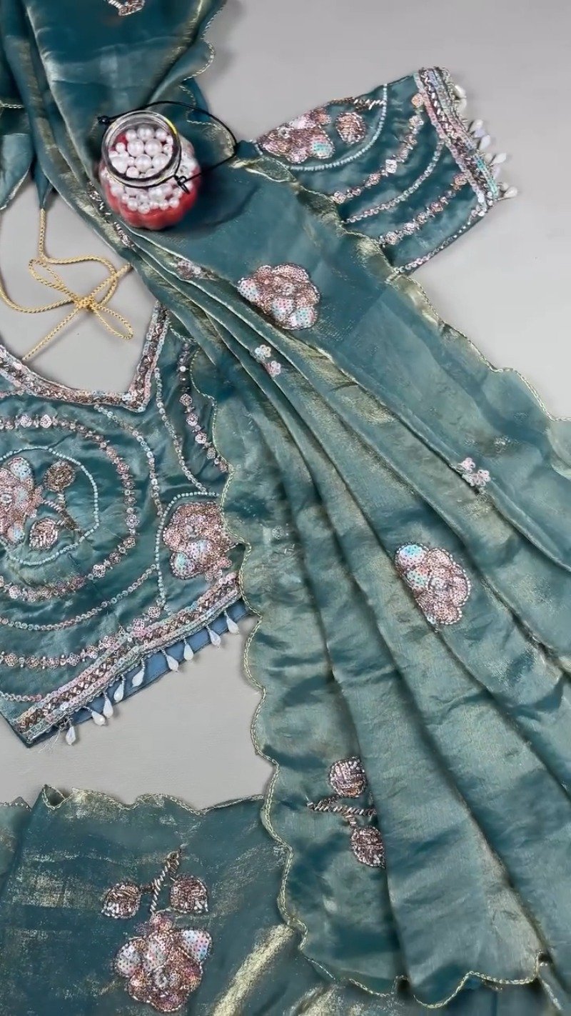 Enchanting Teal Sequined Organza Saree Set with Hand-Embroidered Rose Motifs - Image 3