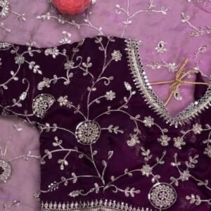 Royal Plum Hand-Embellished Velvet & Organza Saree Ensemble – Available in Plum & Rose Quartz
