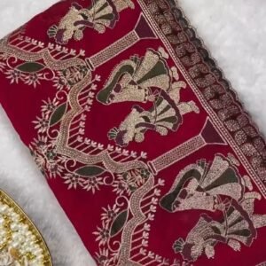 Royal Heritage Maroon Narrative Embroidered Saree Set โ Available in Crimson & Deep Maroon