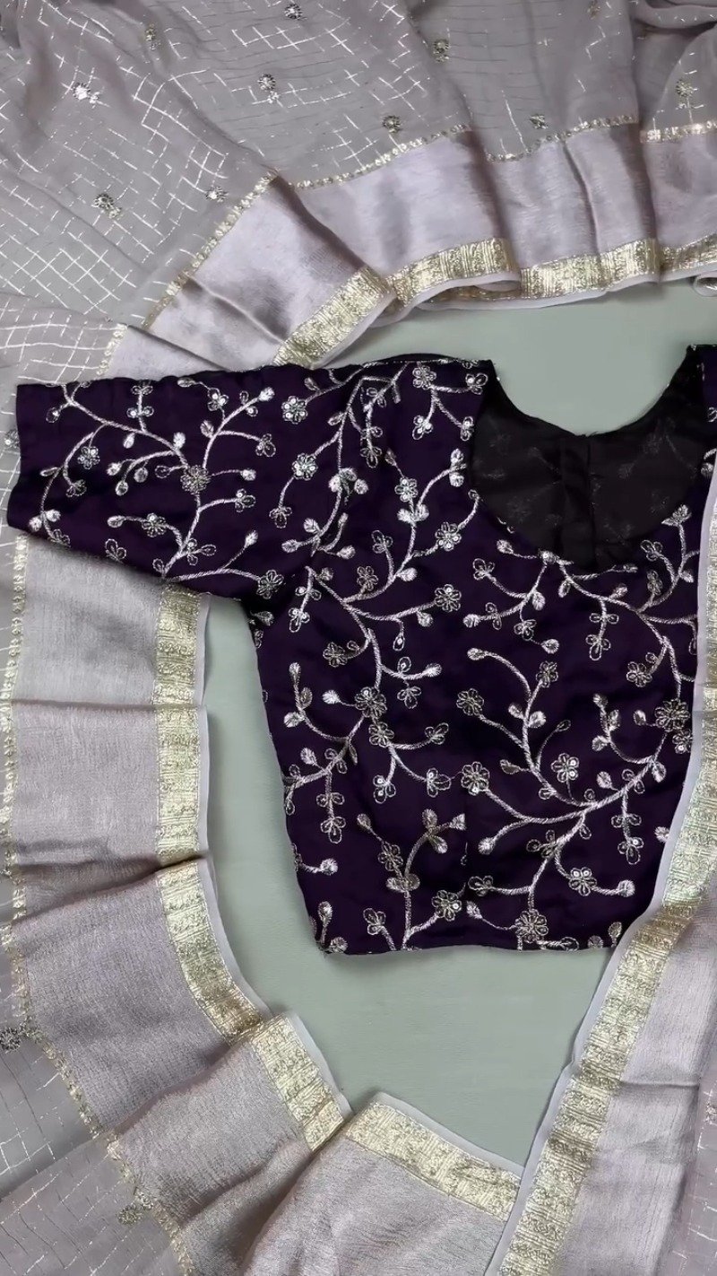 Midnight Plum & Oyster Grey Floral Embroidered Saree Set – Available in Deep Plum & Metallic Grey