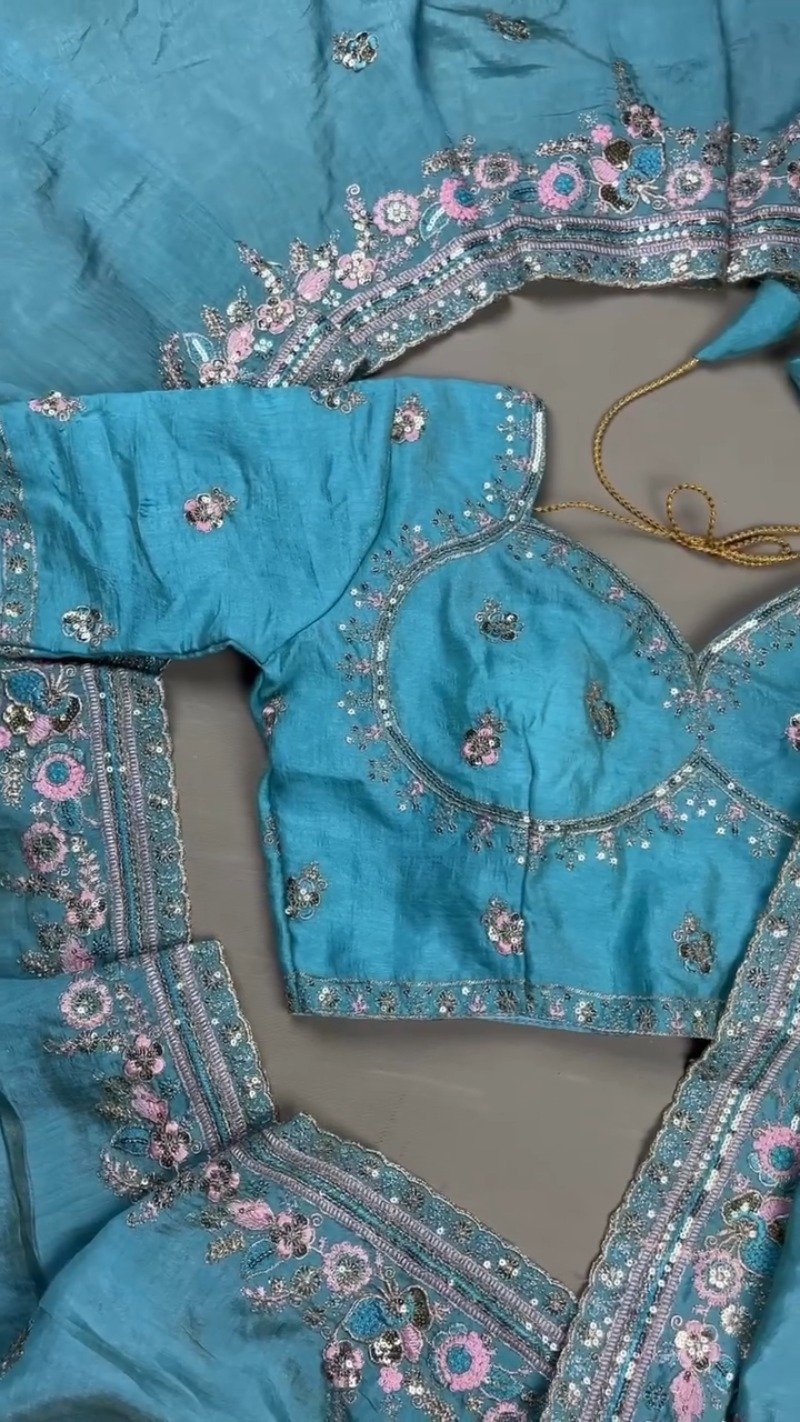 Turquoise Serenity Sequin Embellished Saree and Blouse Set