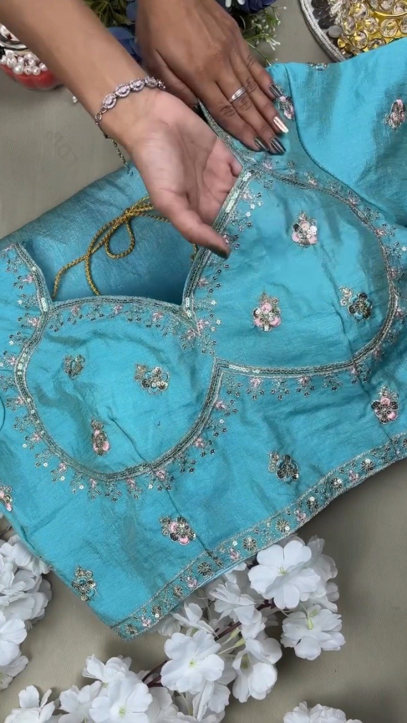 Turquoise Serenity Sequin Embellished Saree and Blouse Set - Image 2
