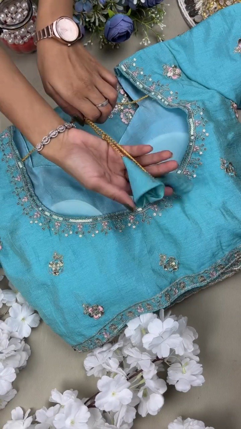 Turquoise Serenity Sequin Embellished Saree and Blouse Set - Image 3