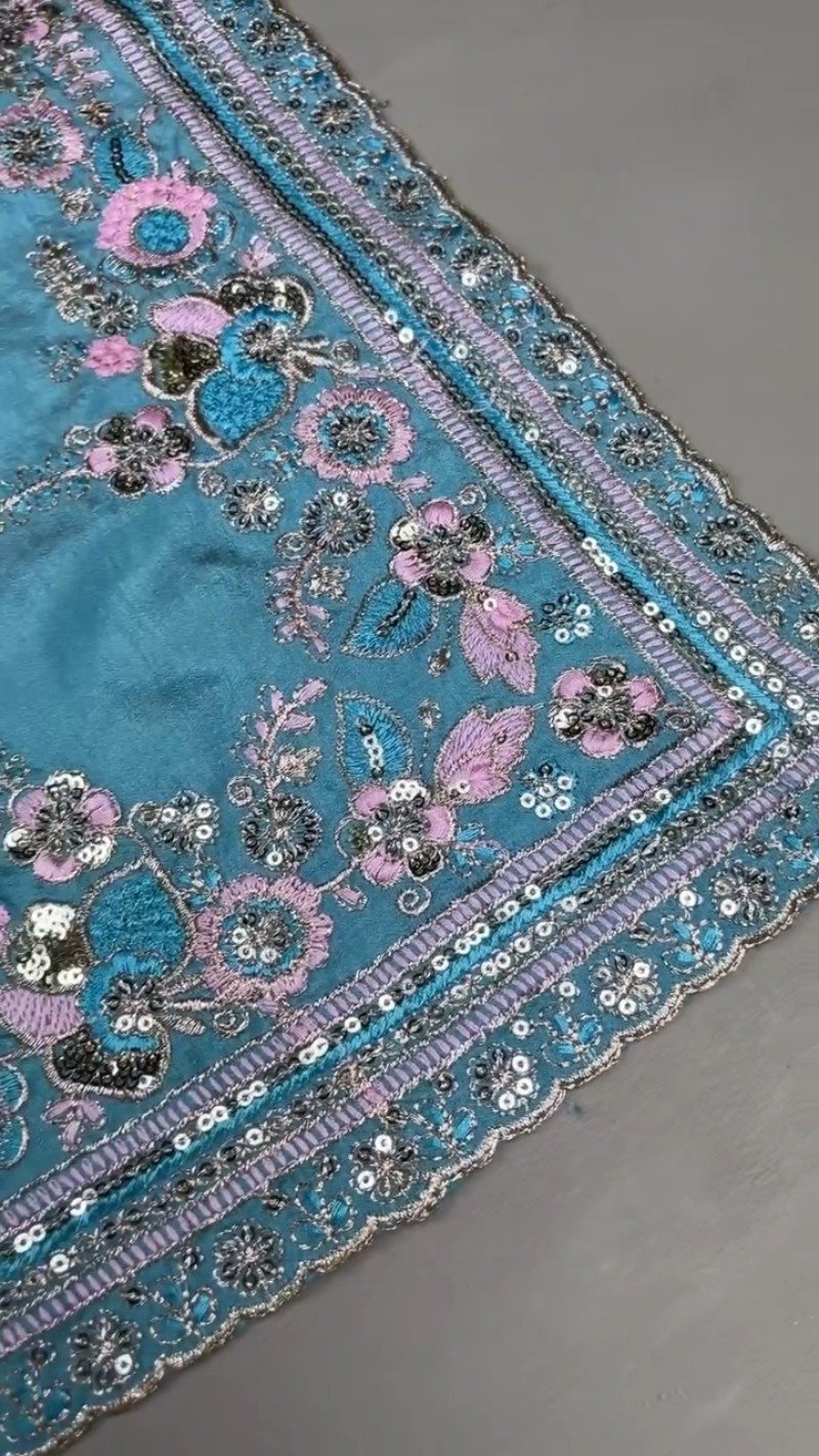Turquoise Serenity Sequin Embellished Saree and Blouse Set - Image 4