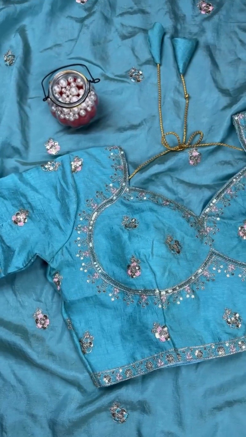 Turquoise Serenity Sequin Embellished Saree and Blouse Set - Image 5
