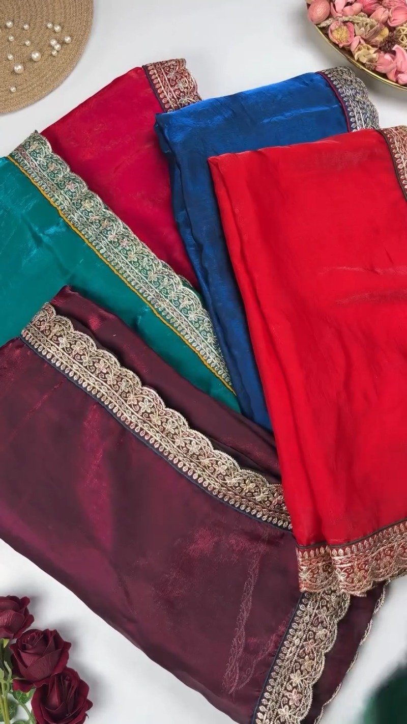 Royal Velvet Embroidered Blouse and Shimmer Saree Ensemble β Available in Wine, Midnight Blue, Emerald Green, Mustard Yellow & Red
