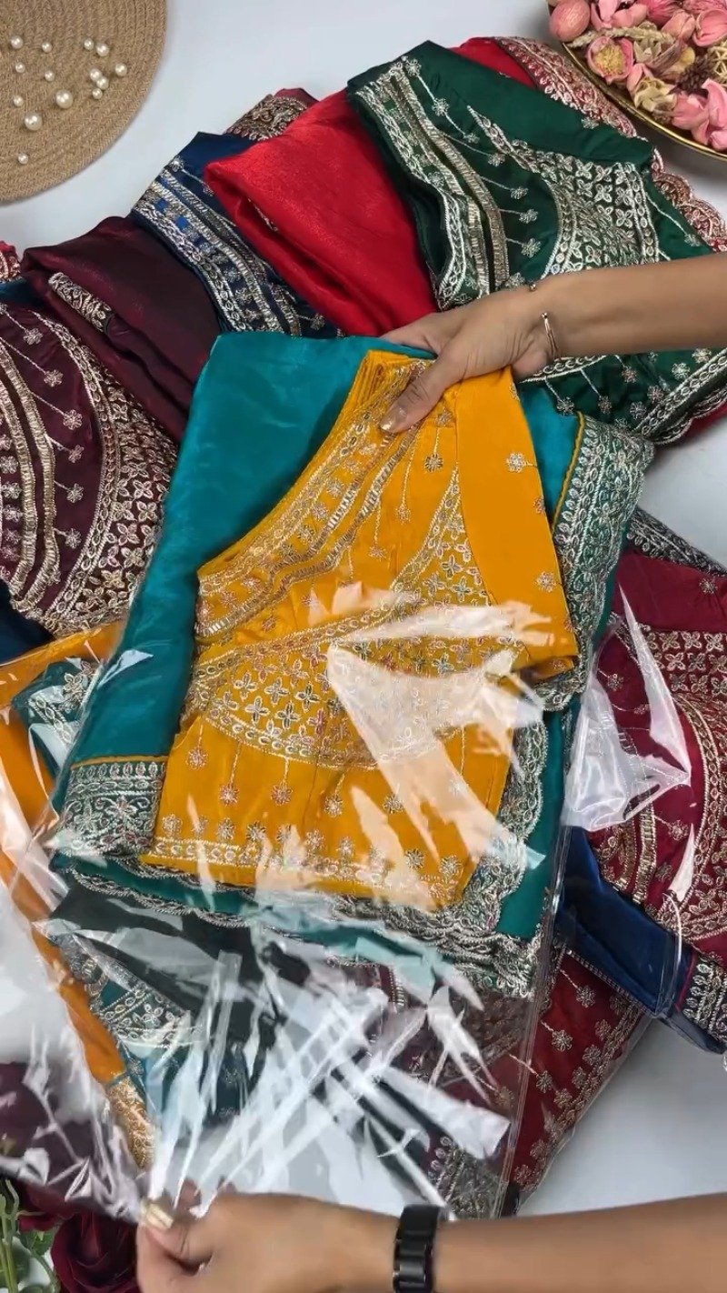 Royal Velvet Embroidered Blouse and Shimmer Saree Ensemble β Available in Wine, Midnight Blue, Emerald Green, Mustard Yellow & Red - Image 2