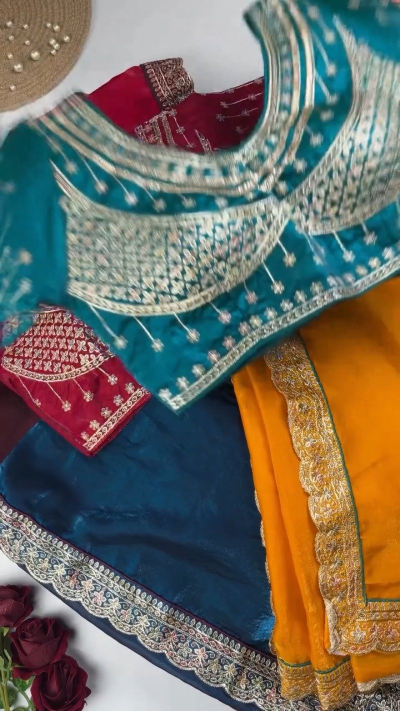 Royal Velvet Embroidered Blouse and Shimmer Saree Ensemble β Available in Wine, Midnight Blue, Emerald Green, Mustard Yellow & Red - Image 3