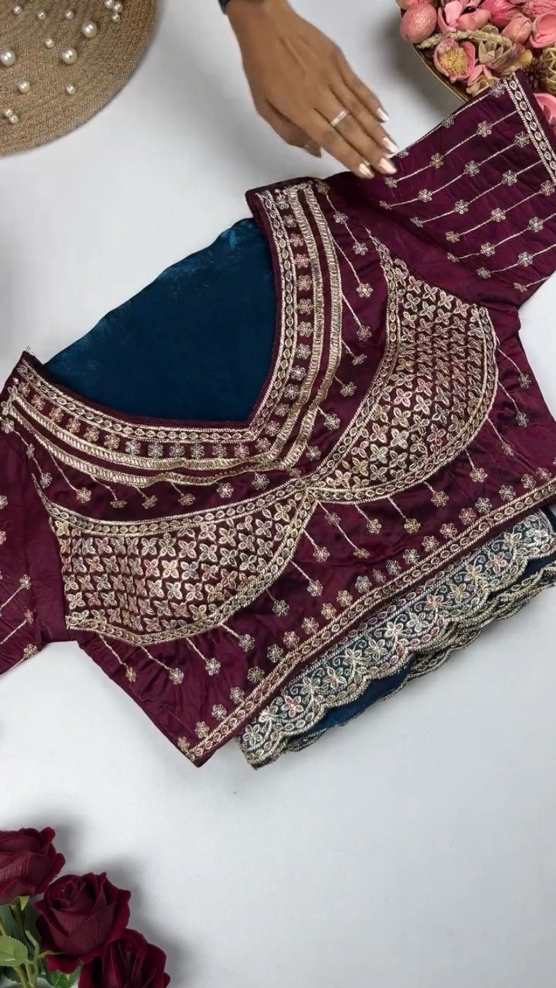 Royal Velvet Embroidered Blouse and Shimmer Saree Ensemble β Available in Wine, Midnight Blue, Emerald Green, Mustard Yellow & Red - Image 4